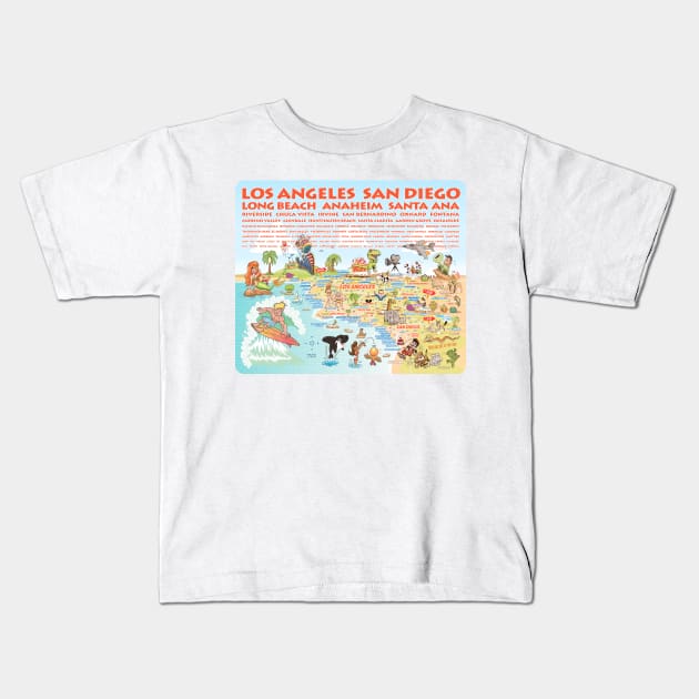 Cartoon Map of Southern California with List of Cities Kids T-Shirt by Lines